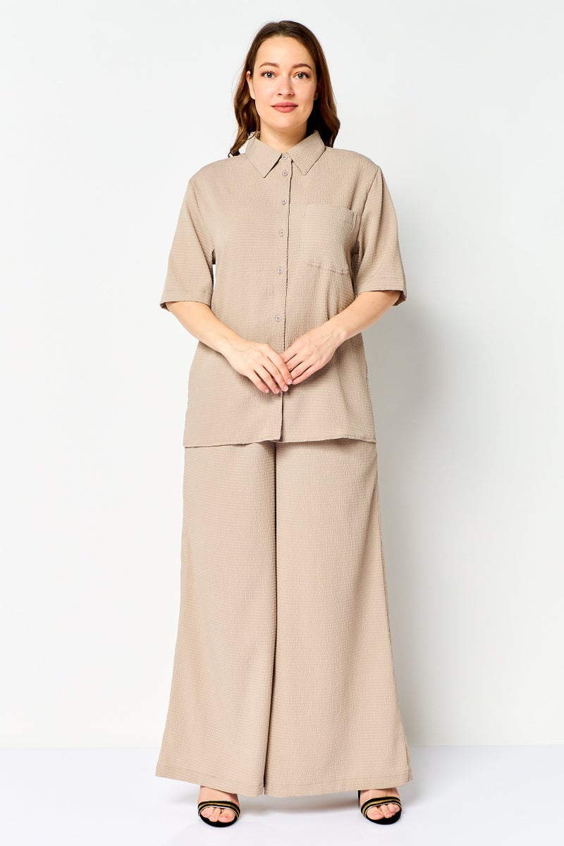 ANNE KLEIN Women 2 Pieces Pointed Collar Short Sleeve Textured Shirt And Palazzo Pants Set, Medium Grey - Image 1